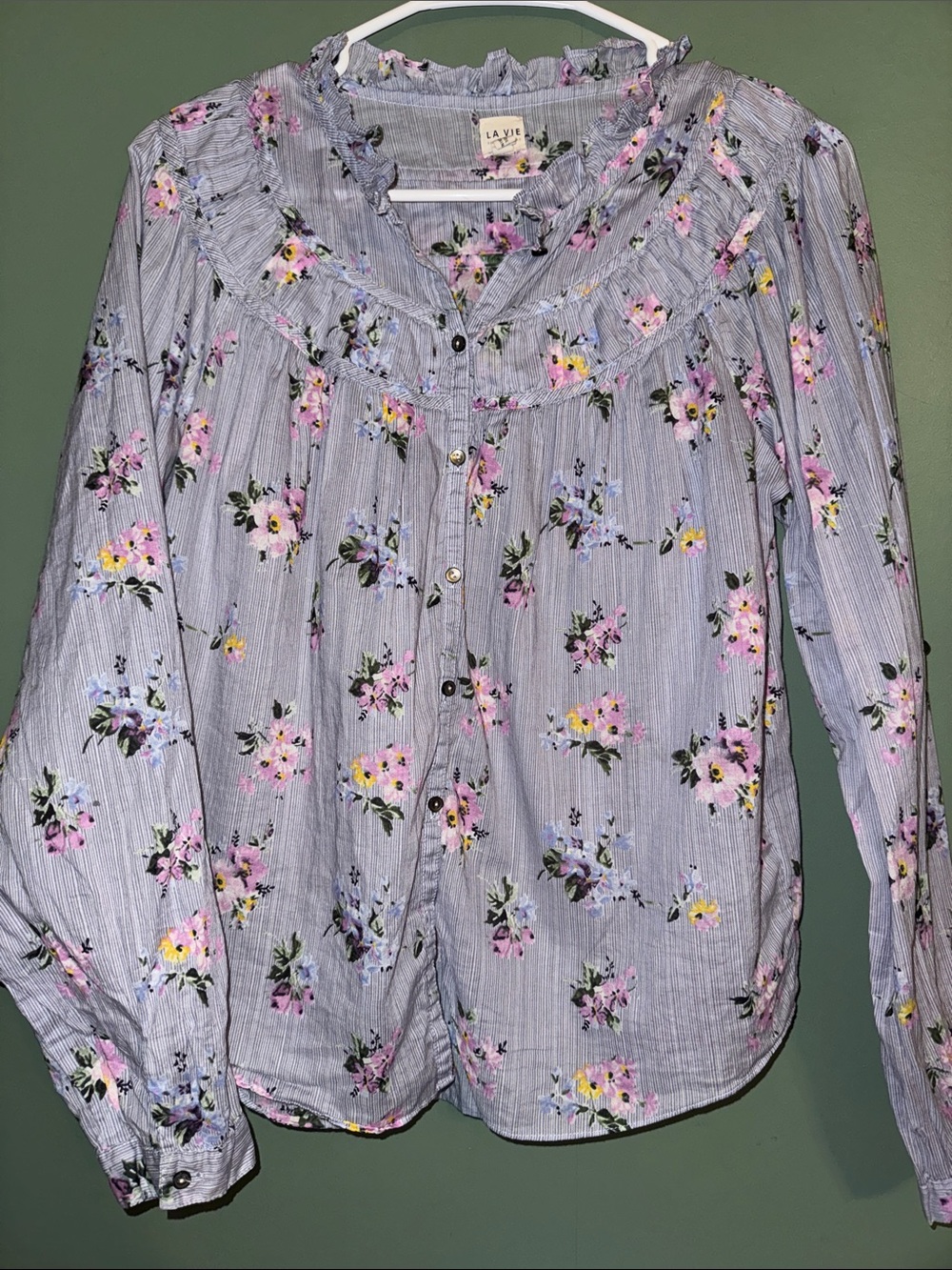 La Vie Rebecca Taylor Floral Romantic Button-Up Peasant Blouse in Light Blue Med